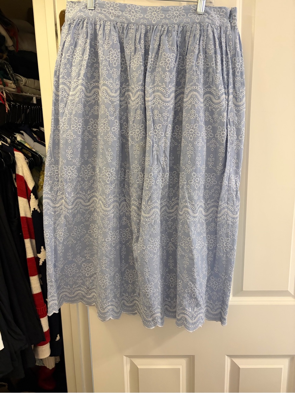 LOFT Light Blue Eyelet Midi Skirt with White Floral Eyelet